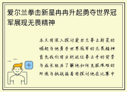 爱尔兰拳击新星冉冉升起勇夺世界冠军展现无畏精神