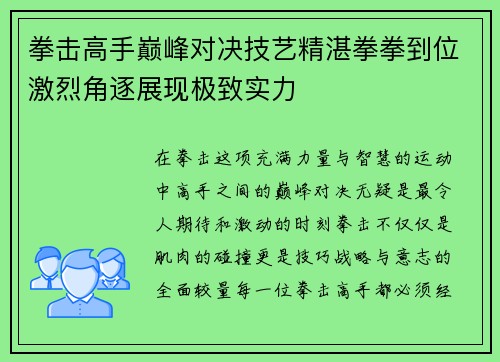 拳击高手巅峰对决技艺精湛拳拳到位激烈角逐展现极致实力