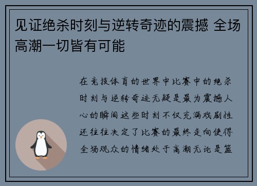 见证绝杀时刻与逆转奇迹的震撼 全场高潮一切皆有可能