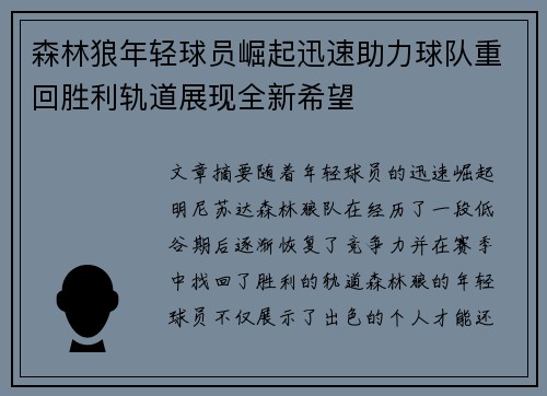 森林狼年轻球员崛起迅速助力球队重回胜利轨道展现全新希望