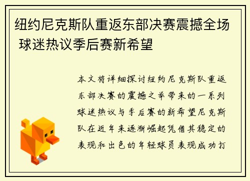 纽约尼克斯队重返东部决赛震撼全场 球迷热议季后赛新希望