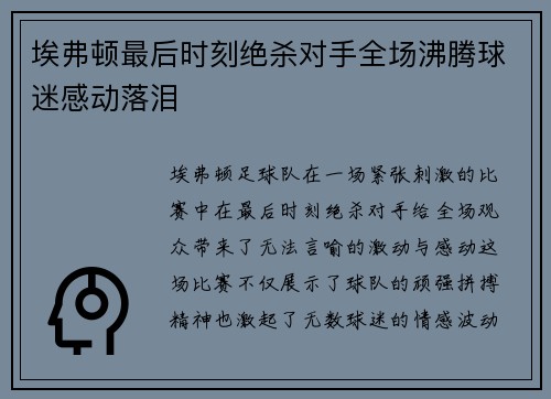 埃弗顿最后时刻绝杀对手全场沸腾球迷感动落泪