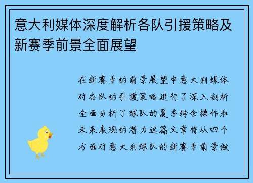 意大利媒体深度解析各队引援策略及新赛季前景全面展望