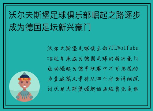 沃尔夫斯堡足球俱乐部崛起之路逐步成为德国足坛新兴豪门