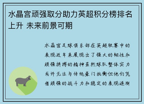 水晶宫顽强取分助力英超积分榜排名上升 未来前景可期