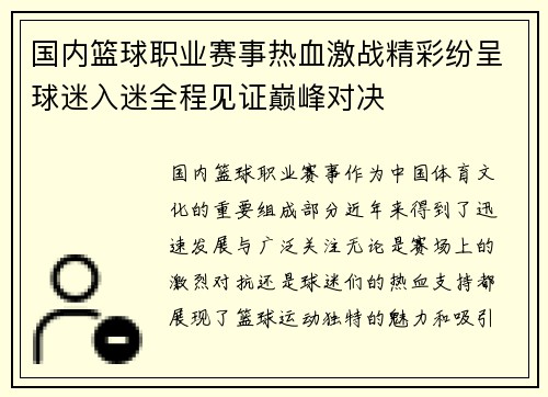 国内篮球职业赛事热血激战精彩纷呈球迷入迷全程见证巅峰对决